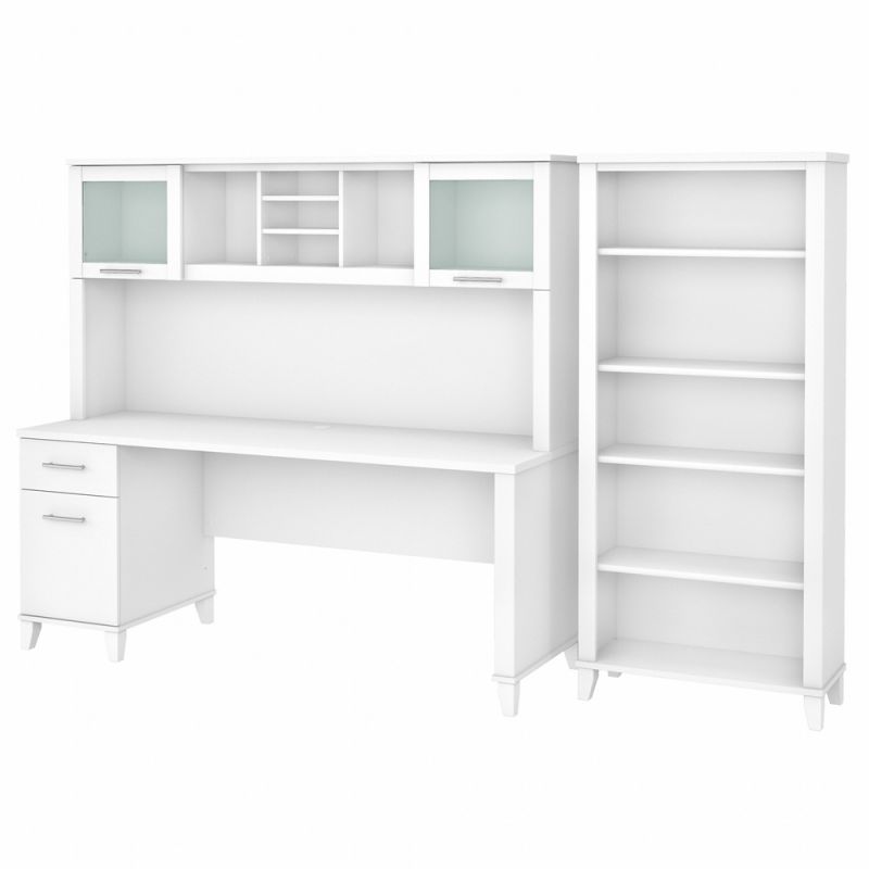 Bush Furniture - Somerset 72W Office Desk with Hutch and 5 Shelf Bookcase in White - SET020WH