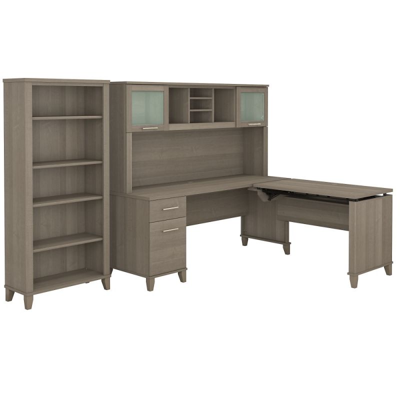 Bush Furniture - Somerset 72W Sit to Stand L Shaped Desk with Hutch and Bookcase in Ash Gray - SET017AG