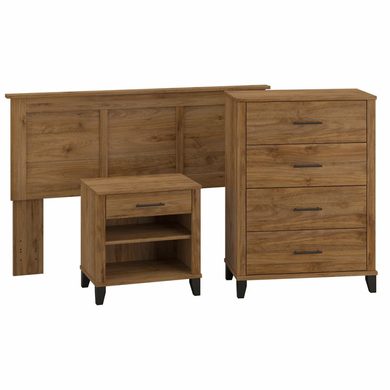Bush Furniture - Somerset  Full/Queen Headboard w 4 Drawer Chest and Nightstand in Fresh Walnut - SET005FW
