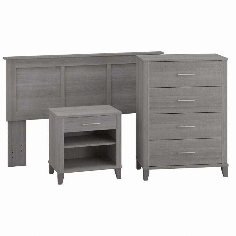 Bush Furniture - Somerset  Full/Queen Headboard w 4 Drawer Chest and Nightstand in Platinum Gray - SET005PG