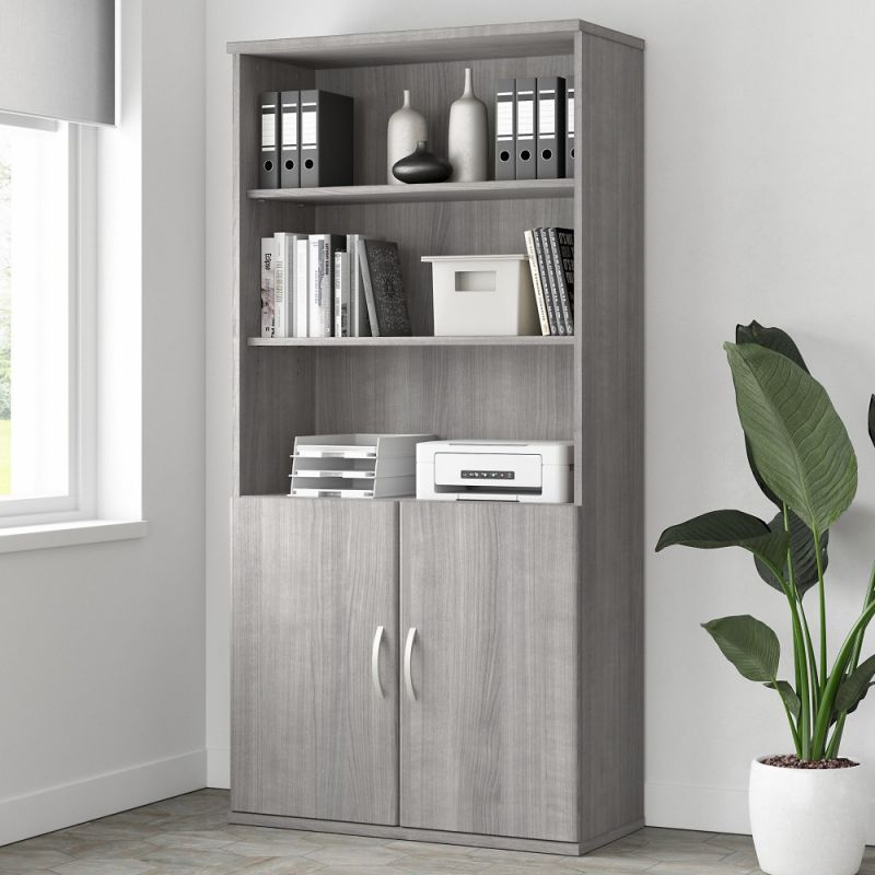 Bush Furniture - Studio A Tall 5 Shelf Bookcase with Doors in Platinum Gray - STA010PG
