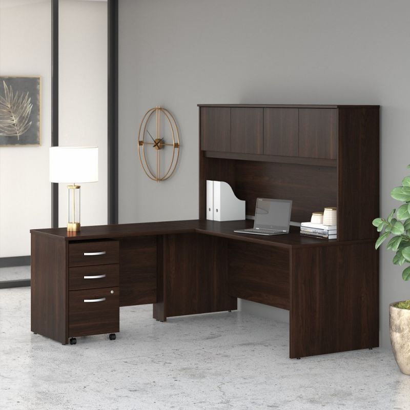 Bush Furniture - Studio C 72W x 30D L Shaped Desk with Hutch, Mobile File Cabinet and 42W Return in Black Walnut - STC006BWSU