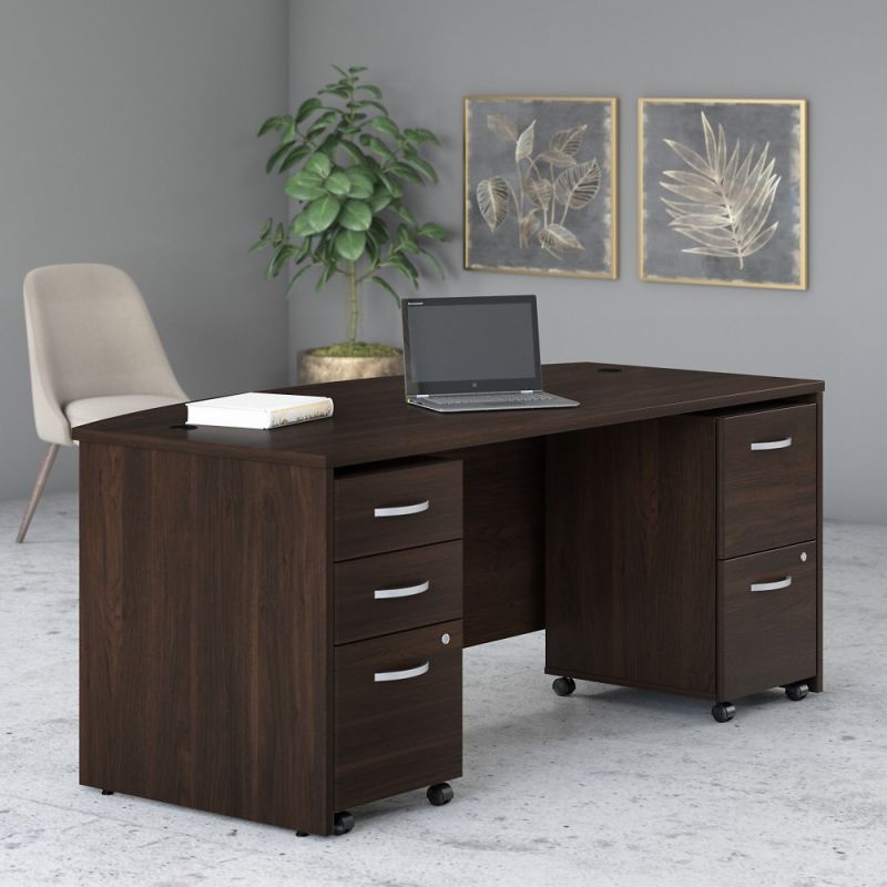 Bush Furniture - Studio C 72W x 36D Bow Front Desk with Mobile File Cabinets in Black Walnut - STC012BWSU