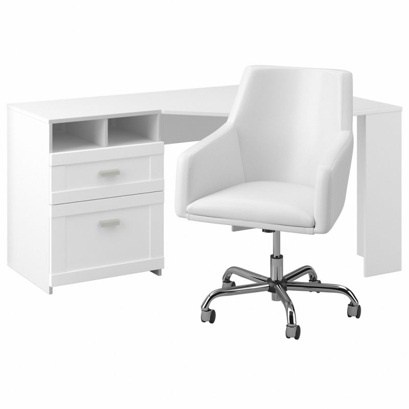 Bush Furniture - Wheaton 60W Reversible Corner Desk and Chair Set in Pure White - WH003WH