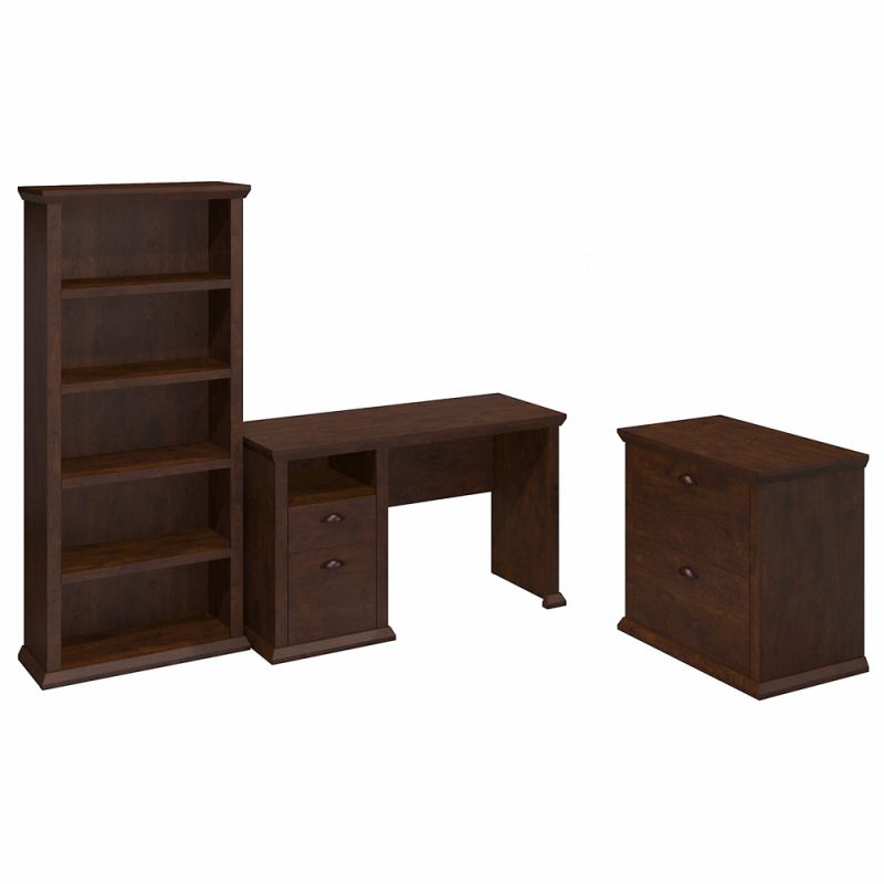 Bush Furniture - Yorktown 50W Home Office Desk with Lateral File Cabinet and 5 Shelf Bookcase in Antique Cherry - YRK011ANC