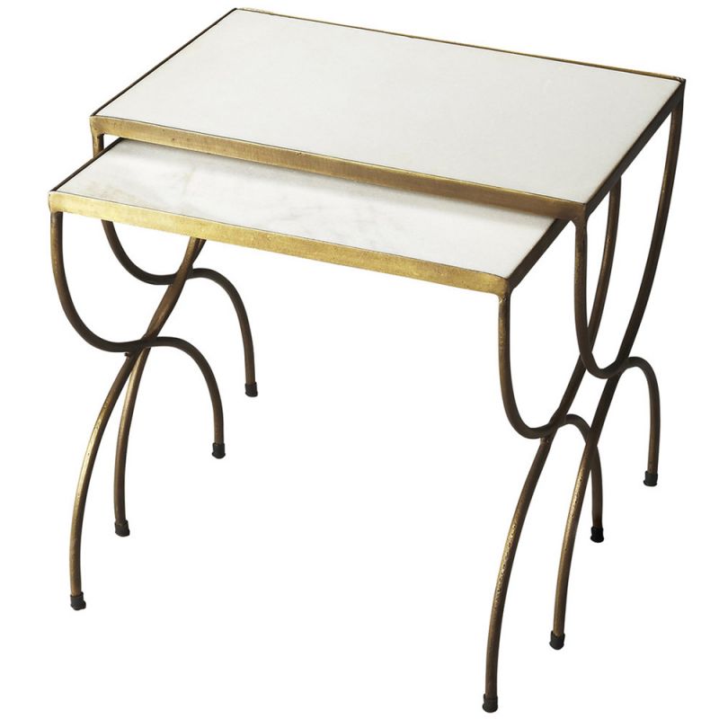 Butler Specialty Company - Bacchus Rectangular Marble & Iron Set of 2 Nesting Tables, White/Gold - 3309025