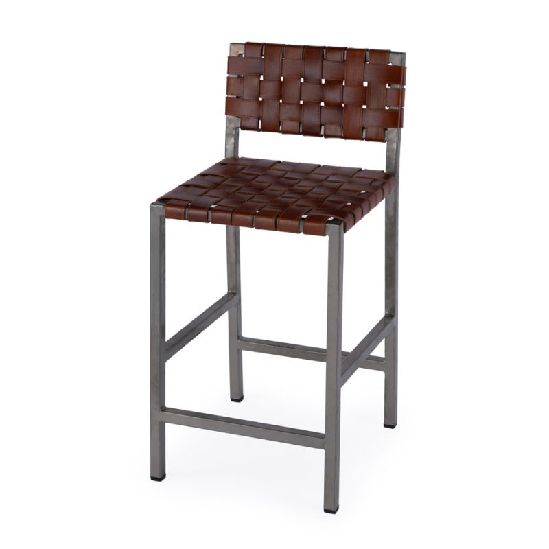 Butler Specialty Company - Bromley 24.5 in. Seat Height Leather & Iron Low Back Counter Height Stool with Footrest, Brown - 5762344