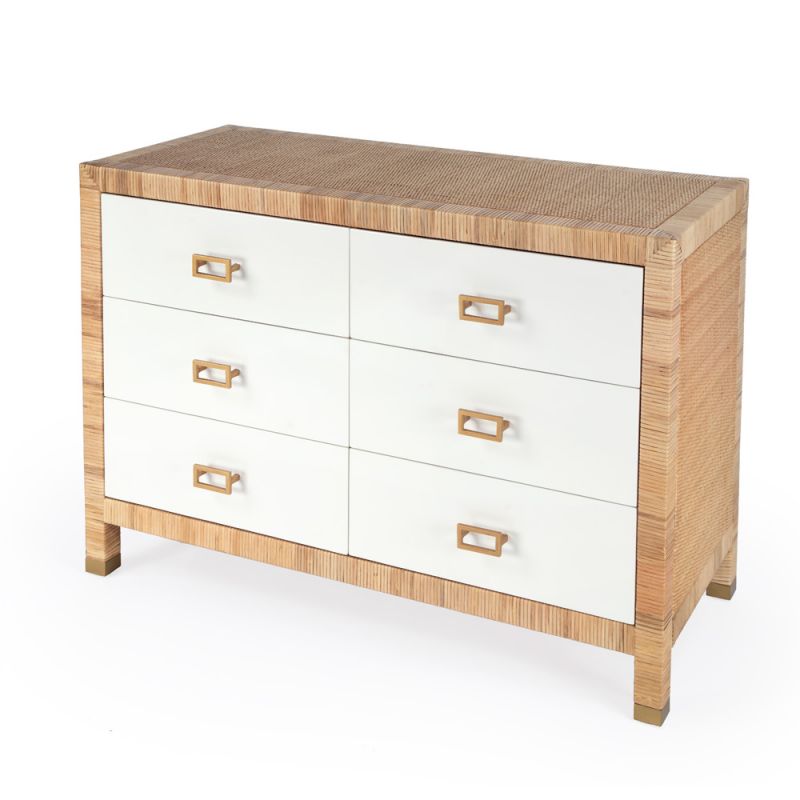 Butler Specialty Company - Corfu 33 in. W Rattan 6 Drawer Double Dresser, Natural and White - 5606350