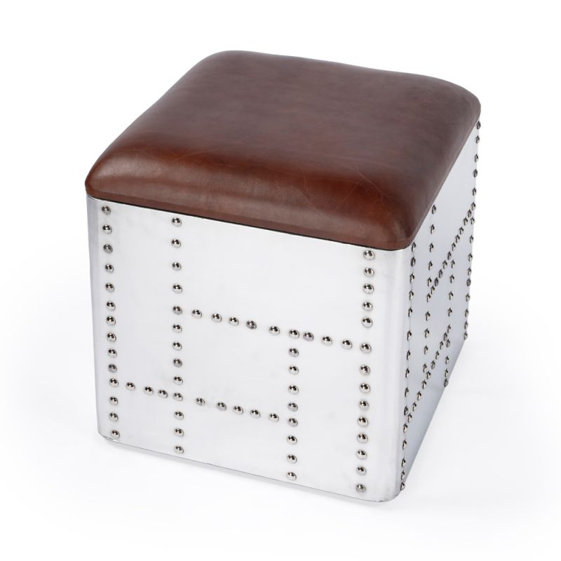 Butler Specialty Company - Midway Aviator - Midway 18 in. W Square Leather Aviator Themed Ottoman, Medium Brown - 5597330