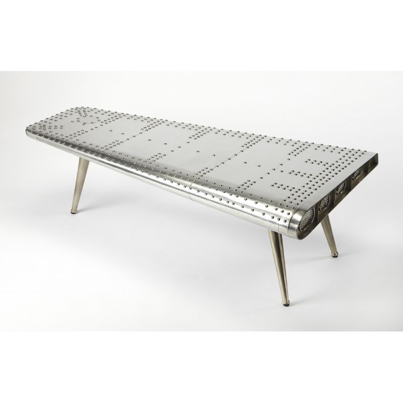 Butler Specialty Company - Midway Aviator - Midway 59.5 in. W Triangular Metal & Wood Aviator Themed Coffee Table, Silver - 2061025