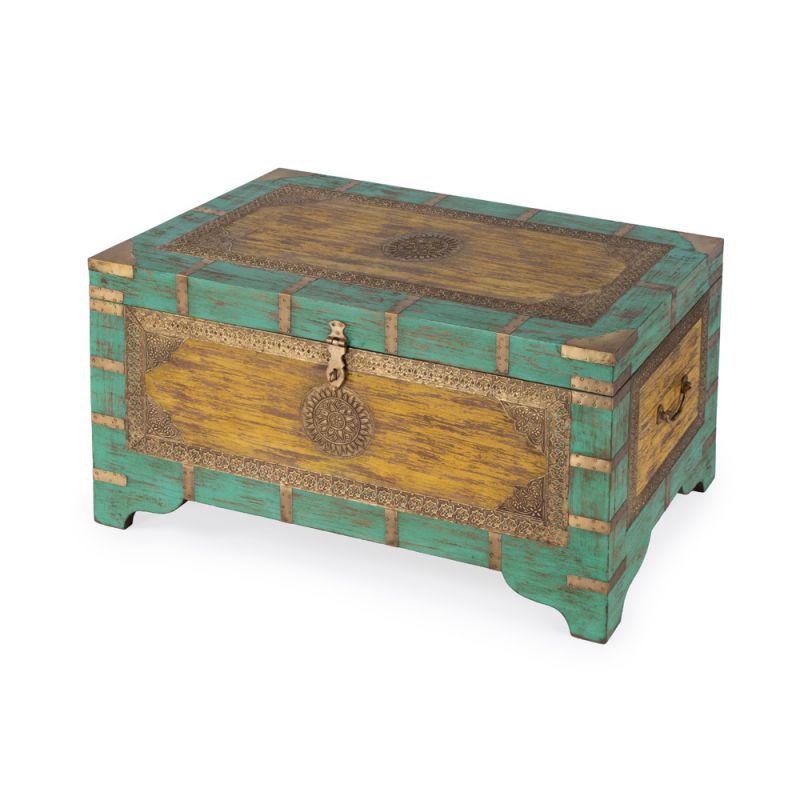 Butler Specialty Company - Artifacts - Nador 32 in. W Rectangular Hand-Painted Wood & Brass Inlay Storage Trunk Coffee Table, Blue, Yellow - 3365114