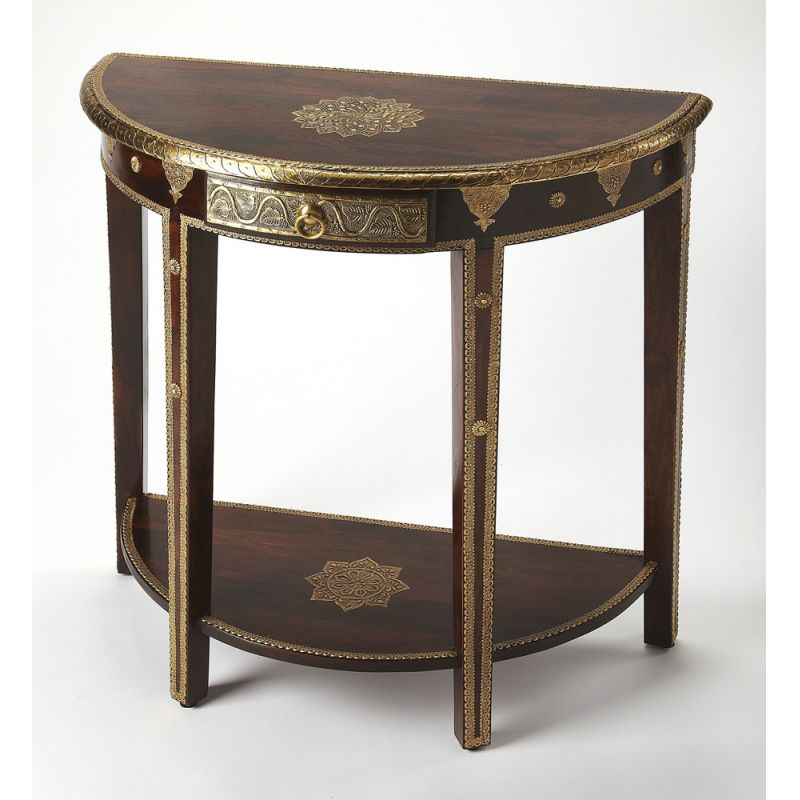 Butler Specialty Company - Artifacts - Ranthore 30 in. W Demilune Wood & Brass Foil 1 Drawer Console Table, Dark Brown - 2054290