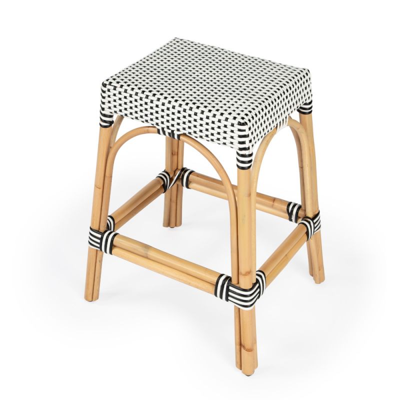 Butler Specialty Company - Robias 24.5 in. Seat Height Rectangular Rattan Backless Counter Height Stool, White and Black Dot - 5513295