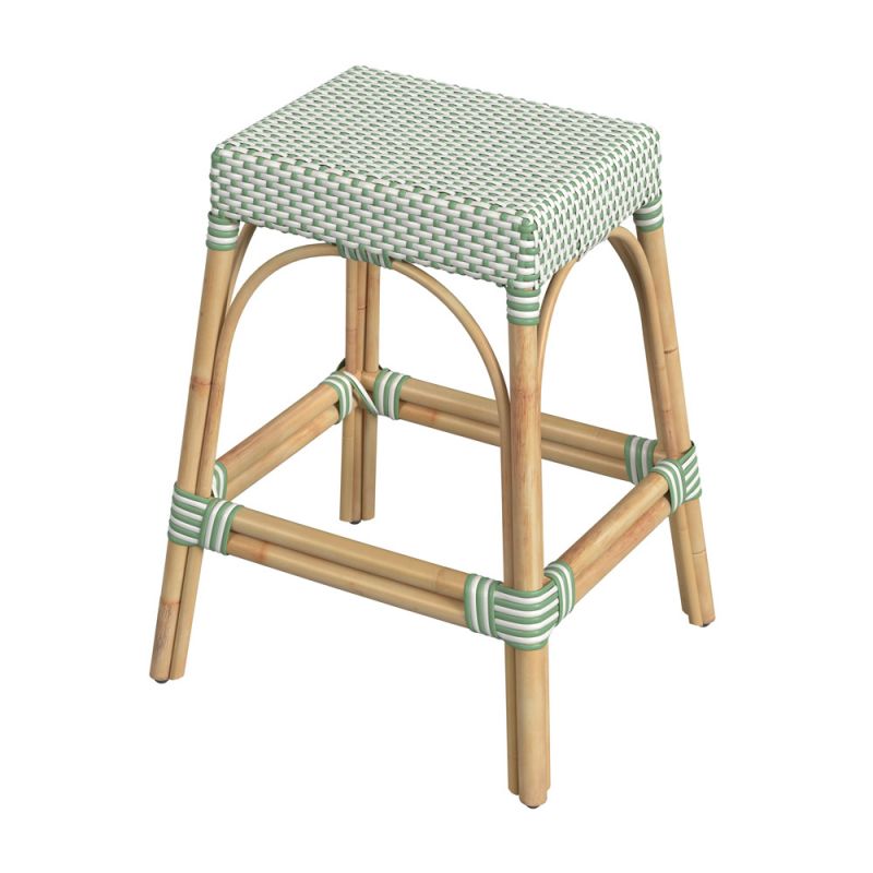 Butler Specialty Company - Robias 24.5 in. Seat Height Rectangular Rattan Backless Counter Height Stool, White and Green Dot - 5513426