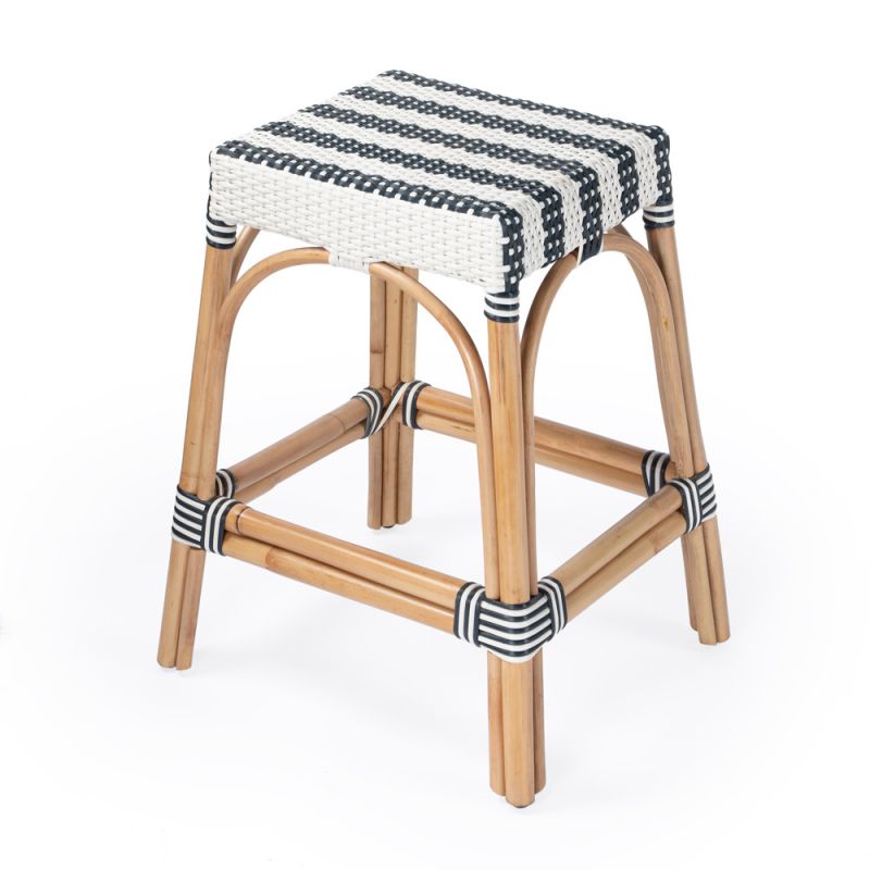 Butler Specialty Company - Robias 24.5 in. Seat Height Rectangular Rattan Backless Counter Height Stool, White and Navy Stripe - 5513372