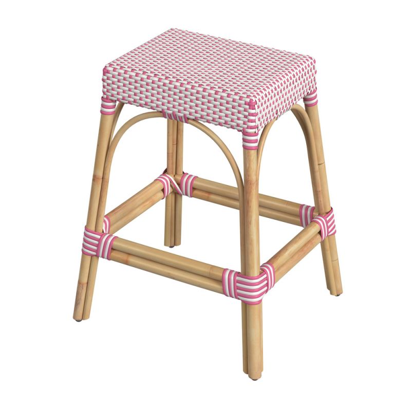 Butler Specialty Company - Robias 24.5 in. Seat Height Rectangular Rattan Backless Counter Height Stool, White and Pink Dot - 5513428