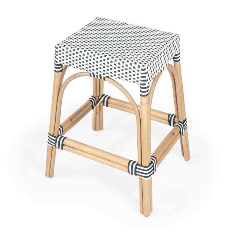 Butler Specialty Company - Robias 24.5 in. Seat Height Rectangular Rattan Backless Counter Height Stool, White and Navy Stripe - 5513291