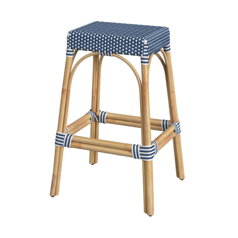 Butler Specialty Company - Robias 30 in. Seat Height Rectangular Rattan Bar Height Backless Stool with Footrest, Blue/White Dot - 5604303