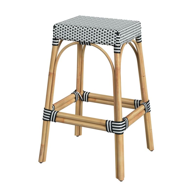 Butler Specialty Company - Robias 30 in. Seat Height Rectangular Rattan Bar Height Backless Stool with Footrest, White/Black Dot - 5604295