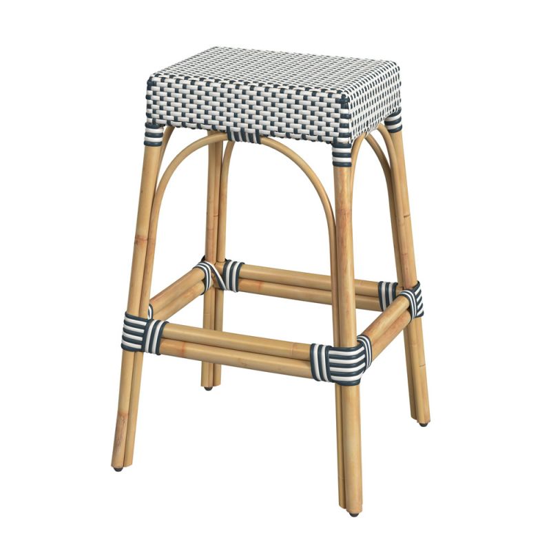 Butler Specialty Company - Robias 30 in. Seat Height Rectangular Rattan Bar Height Backless Stool with Footrest, White/Navy Stripe - 5604291