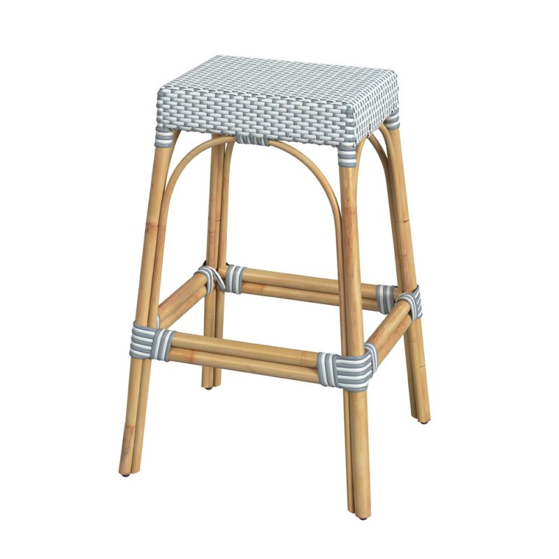 Butler Specialty Company - Robias 30 in. Seat Height Rectangular Rattan Bar Height Backless Stool with Footrest, White/Sky Blue Dot - 5604194