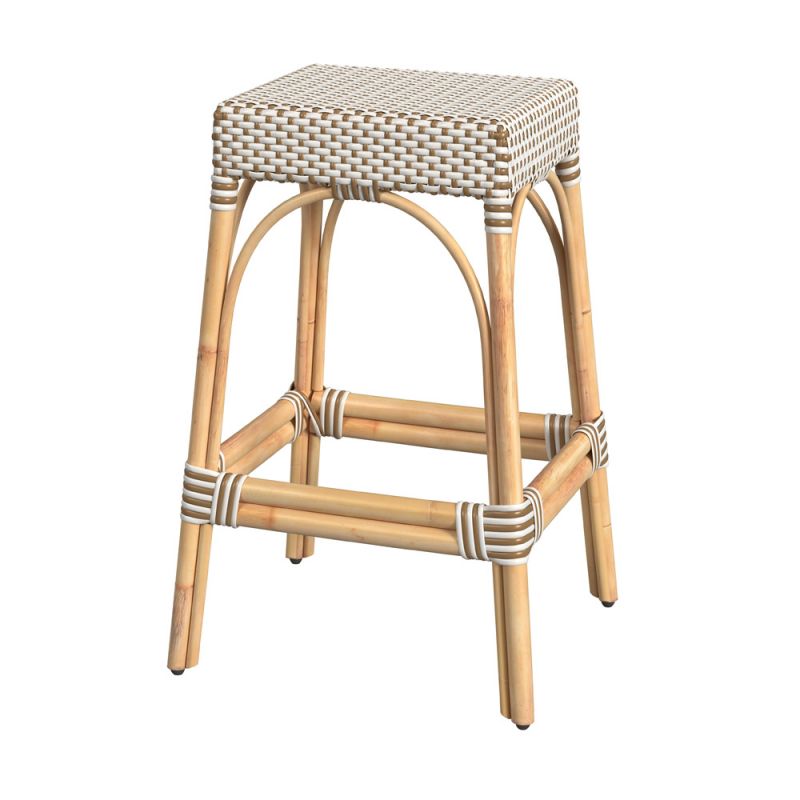 Butler Specialty Company - Robias 30 in. Seat Height Rectangular Rattan Bar Height Backless Stool with Footrest, White/Tan Dot - 5604415