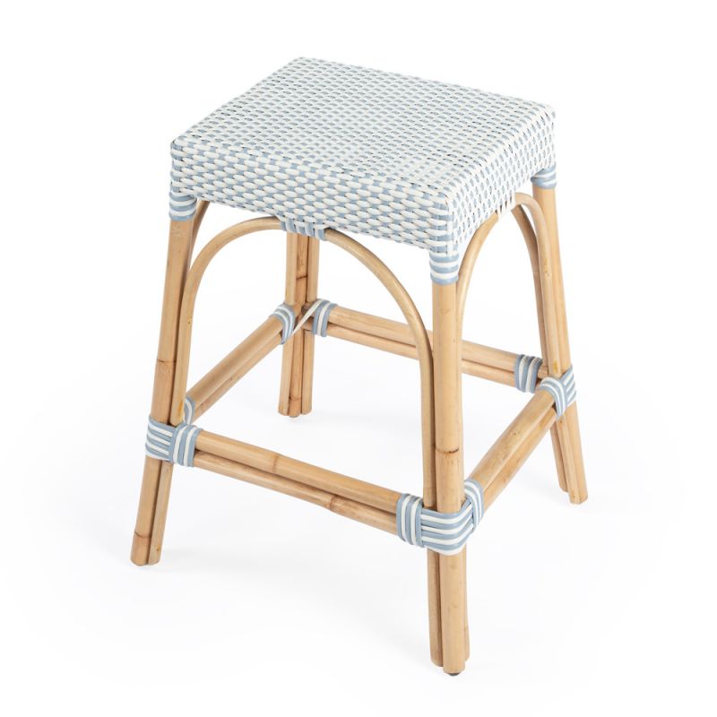 Butler Specialty Company - Robias 24.5 in. Seat Height Rectangular Rattan Backless Counter Height Stool, White and Sky Blue Dot - 5513194