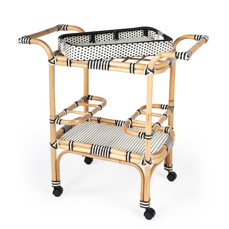 Butler Specialty Company - Selena Indoor/Outdoor 34.5 in. W Rattan 2 Tier Bar/Serving Cart with Removeable Tray Top, Black/White/Natural - 5397295