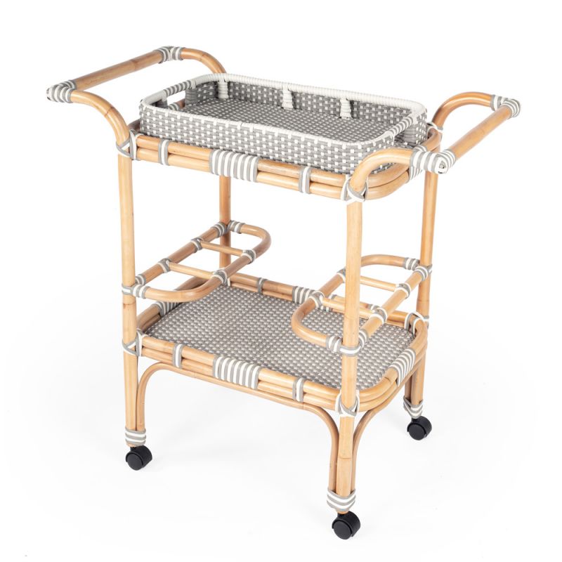 Butler Specialty Company - Selena Indoor/Outdoor 34.5 in. W Rattan 2 Tier Bar/Serving Cart with Removeable Tray Top, Gray/White/Natural - 5397266