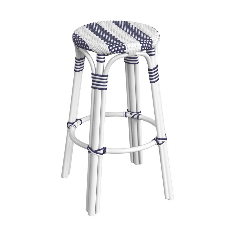 Butler Specialty Company - Tobias 30 in. Seat Height Rattan Round Backless Bar Height Stool with Footrest, Navy/White Stripe - 9370035