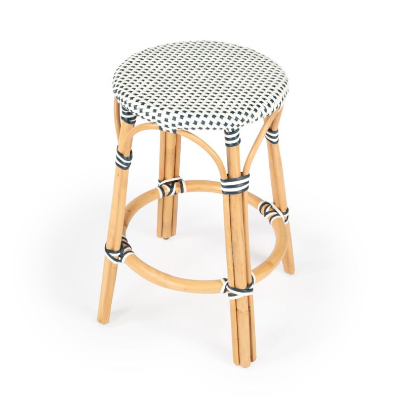 Butler Specialty Company - Tobias 24 in. Seat Height Rattan Round Backless Counter Height Stool with Footrest, Navy/White Dot - 9371222