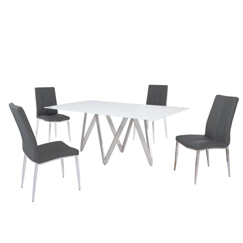 Chintaly - Abigail - Modern Dining Set w/ White Glass Table & 4 Chairs - ABIGAIL-5PC-ASH