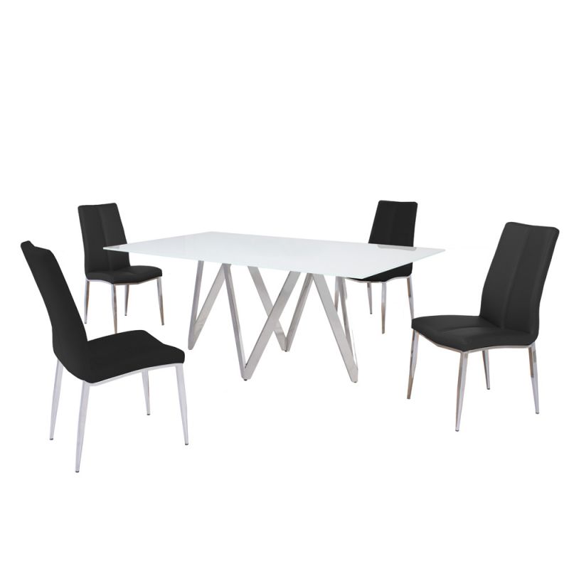 Chintaly - Abigail - Modern Dining Set w/ White Glass Table & 4 Chairs - ABIGAIL-5PC-BLK