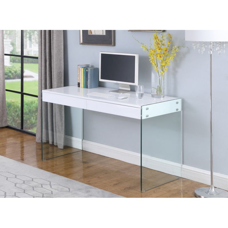 Chintaly - Contemporary Gloss White & Glass Home Office Desk - 6903-DSK