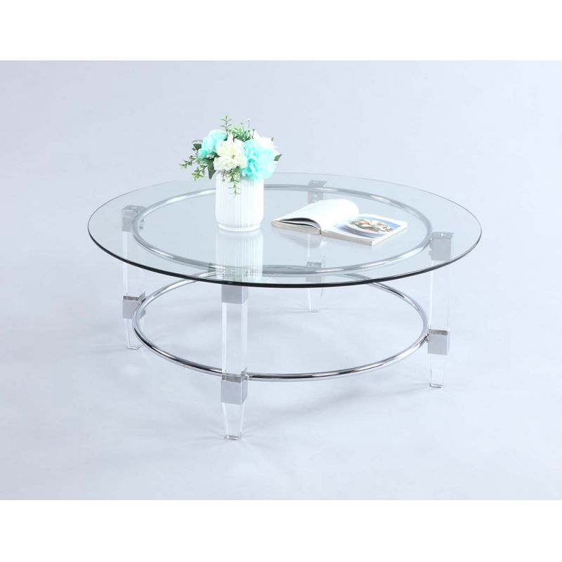 Chintaly - Contemporary Round Glass Top Cocktail Table Solid Acrylic Legs & Steel Frame - 4038-CT