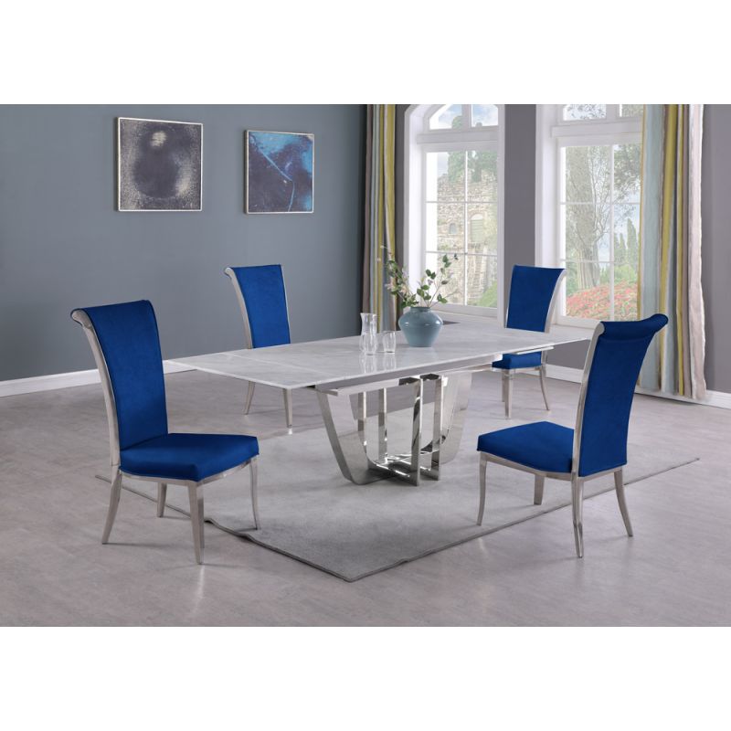 Chintaly - Joy - Dining Set w/ Extendable Carrara Marble Table & 4 High-back Chairs - JOY-5PC-BLU-FAB