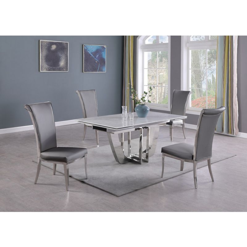 Chintaly - Joy - Dining Set w/ Extendable Carrara Marble Table & 4 High-back Chairs - JOY-5PC-GRY-PU