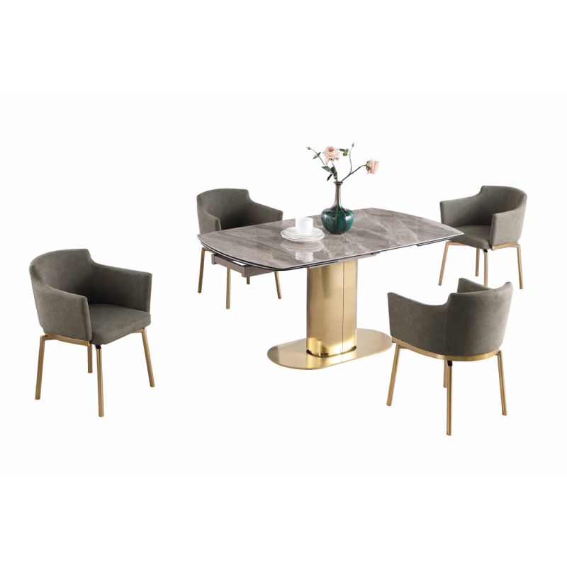 Chintaly - Karla - Dining Set w/ Extendable Marbleized Sintered Stone Table & Memory Swivel Arm Chairs w/ Golden Legs - KARLA-DUSTY-GLD-5PC-OLV