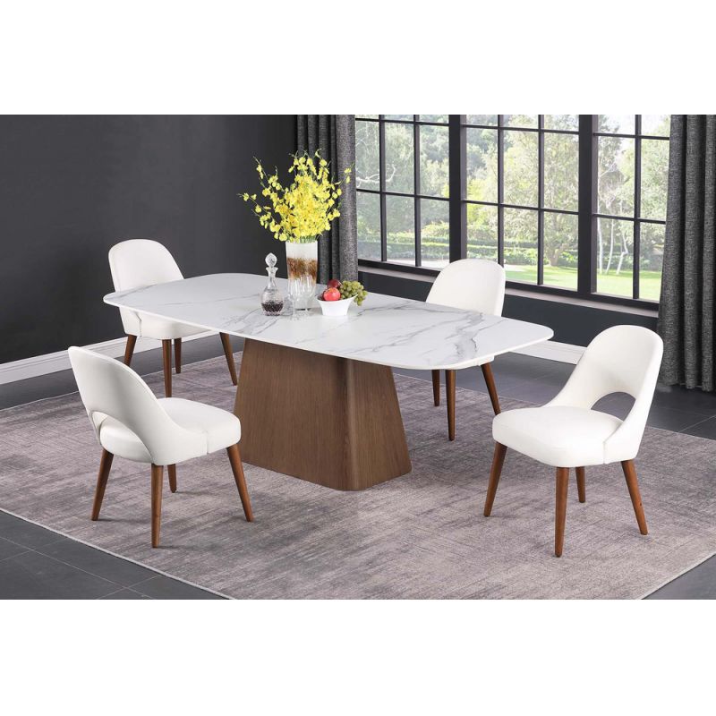 Chintaly - Kenza - Modern Marbleized Sintered Stone Top Table & Wooden Legged Chairs - KENZA-5PC