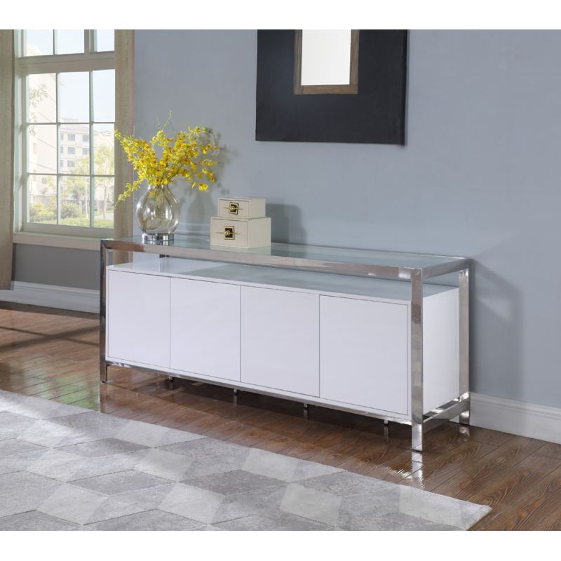 Chintaly - Krista Modern White Buffet w/ Stainless Steel & Tempered Glass Top - KRISTA-BUF