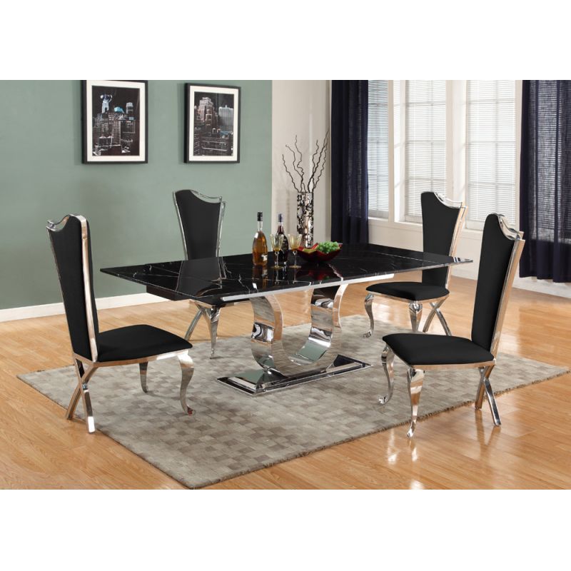 Chintaly - Nadia - Contemporary Dining Set w/ Extendable Marble Table & 4 Black Chairs - NADIA-5PC-BLK