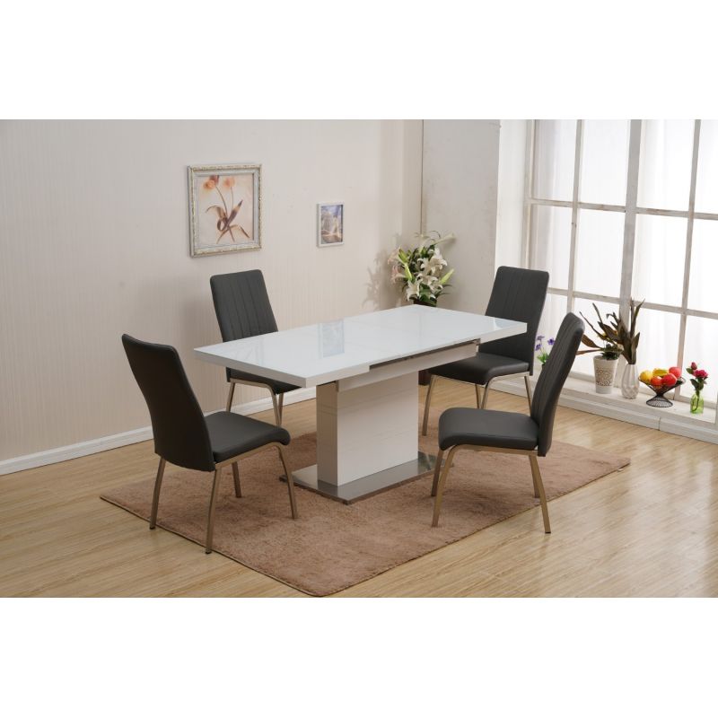 Chintaly - Vanessa Contemporary Pop-Up Extendable White Glass Dining Table & 4 Channel Back Side Chairs - VANESSA-5PC