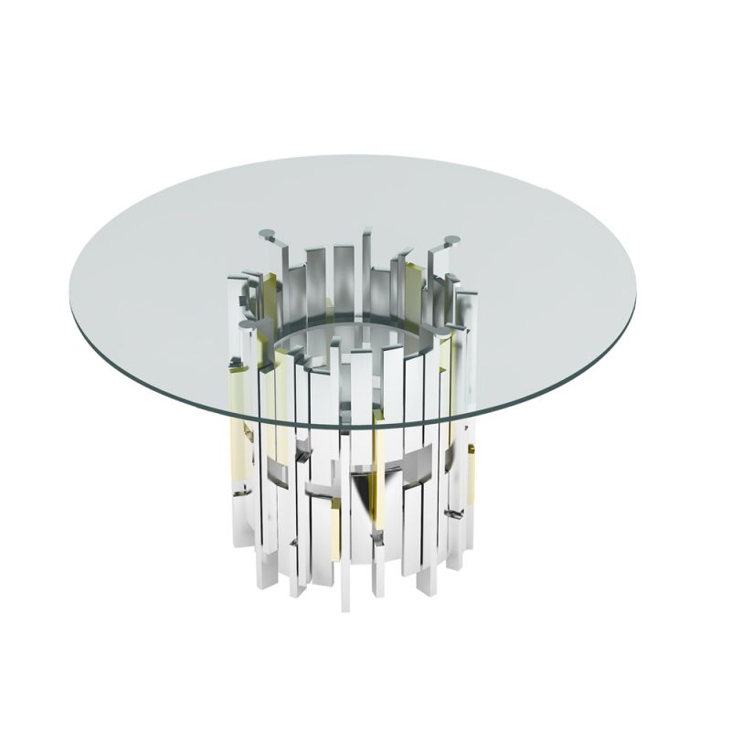 Chintaly - Verona Contemporary Round Glass Table w/ Steel & Golden Cluster Design Base - VERONA-DT