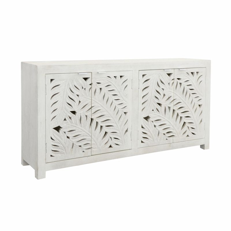 Coast to Coast - Boho Inspired 4 Door Storage Credenza or Sideboard with Fern Cutout Design - White - 73314