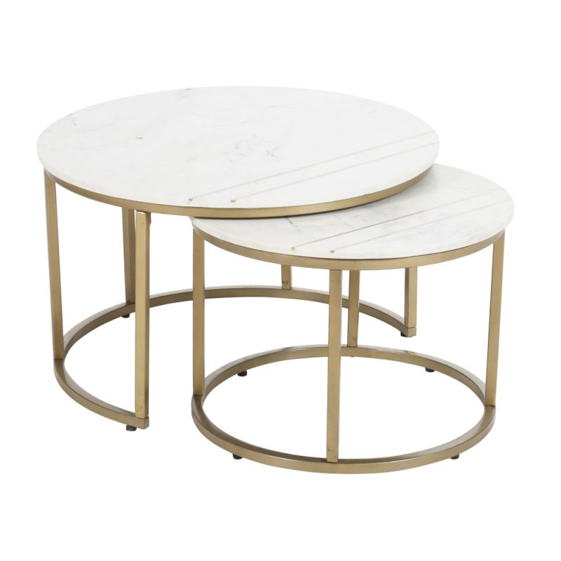 Coast to Coast - Contemporary Nesting Table with White Marble Tops in Set of 2 with Gold Powder Coated Base - 73325