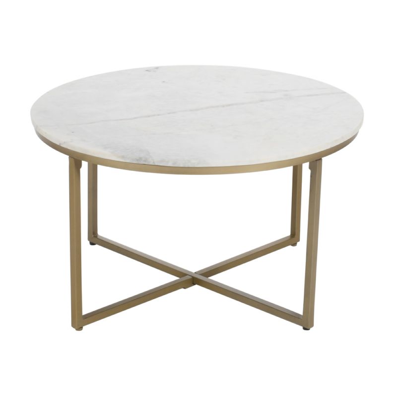 Coast to Coast - Contemporary White Marble Round Cocktail or Coffee Table with Gold Powder Coated Base - 73324