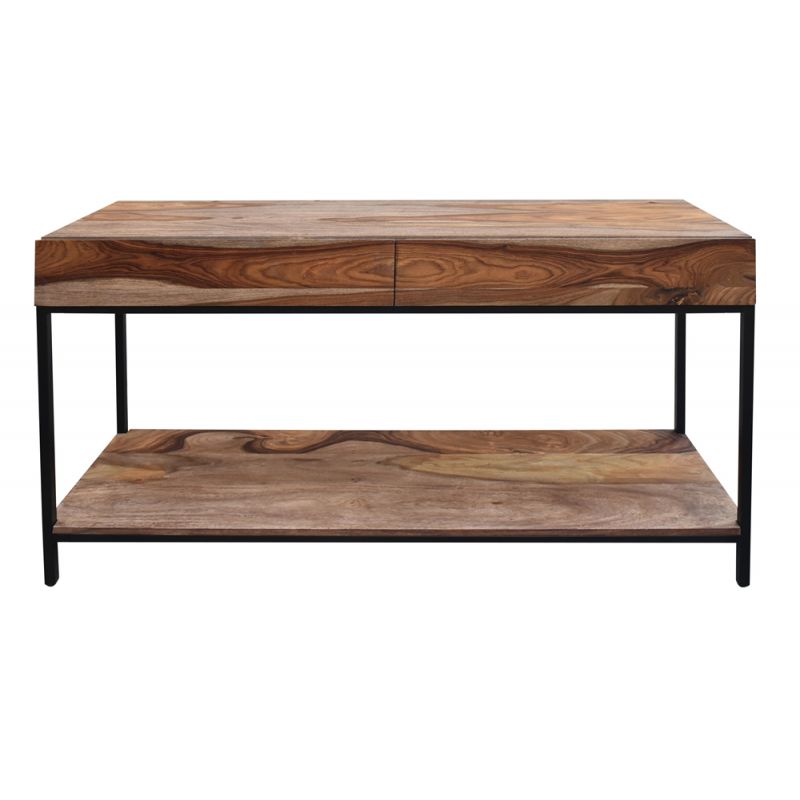 Coast to Coast - Rustic 2 Drawer Console or Sofa Table with Shelf- Natural Finish with Black Metal Legs - 73308