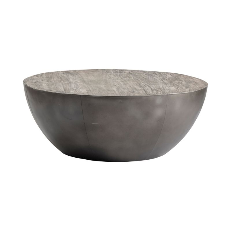 Crestview Collection - Bengal Manor Distressed Grey Mango Wood and Pewter Metal Drum Base Round Cocktail Table - CVFNR709