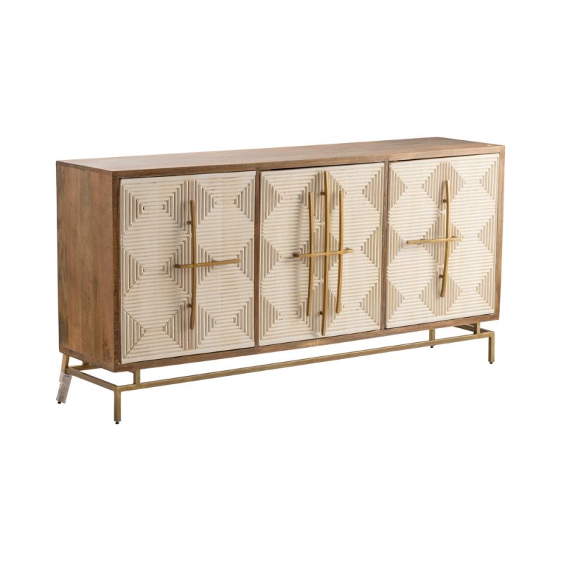 Crestview Collection - Bengal Manor Mango Wood 3 White Pattern Door Sideboard with Unique Antique Gold Hardware - CVFNR722