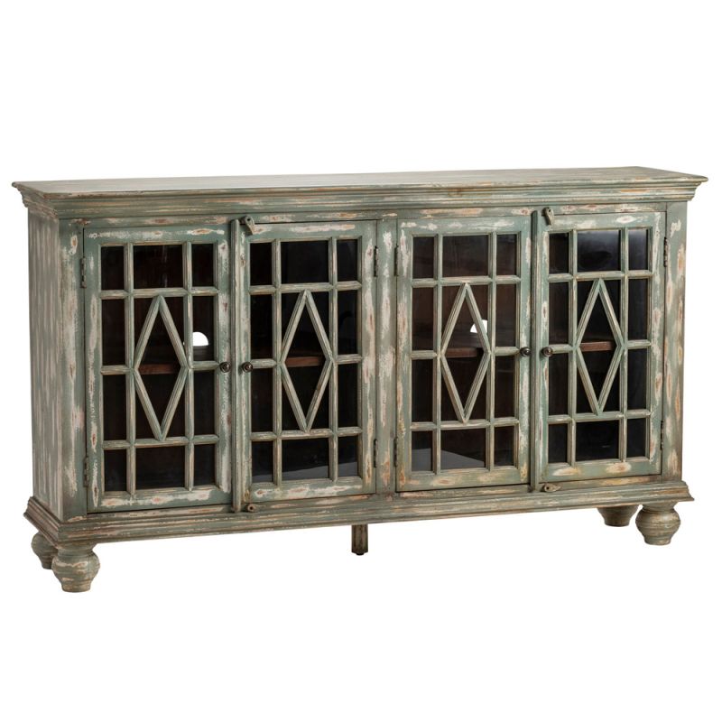 Crestview Collection - Bengal Manor Mango Wood 4 Glass Door Distressed Grey Sideboard - CVFNR417